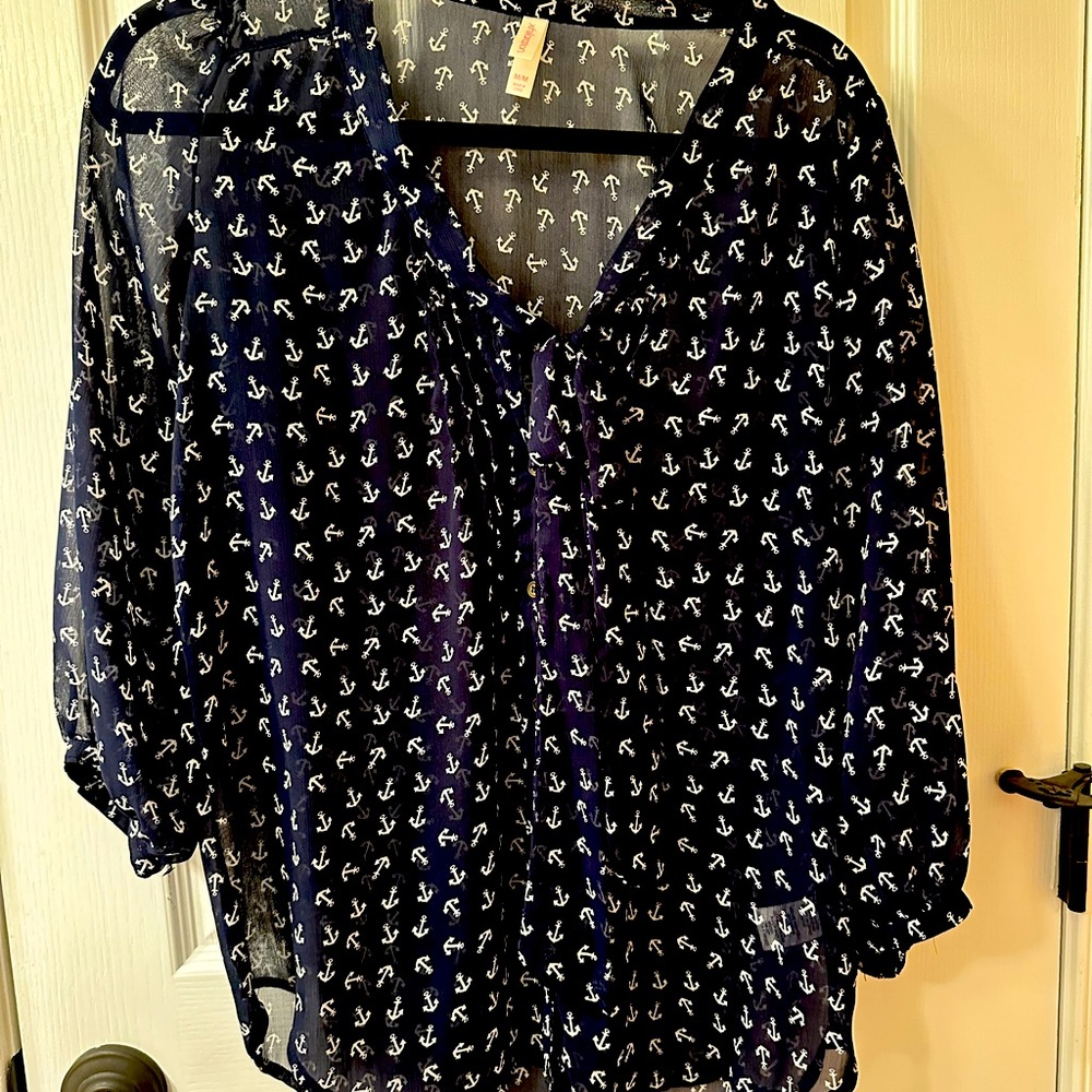 Navy Blue, Nautical, Anchors, Target Exhilaration Brand Blouse M EUC